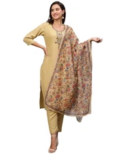 GoSriKi Women's Cotton Blend Straight Solid Kurta with Pant & Dupatta (Shiva ...