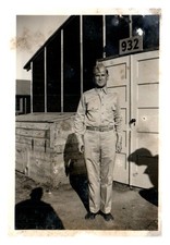 1940s Man in Military Uniform Posing in Front of Building Vintage Photo