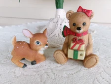 2 Vintage HOMCO Christmas Figures Big Eyes Deer Baby Fawn & Girl Teddy Bear 