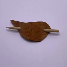 Leather Hair Barrette Stick Slide Bun  Brown Tooled 70's Style Eyelash Pattern
