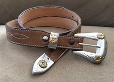 Vintage Nickel Silver Ranger Belt Buckle Keeper End Set 28” Justin Leather Belt