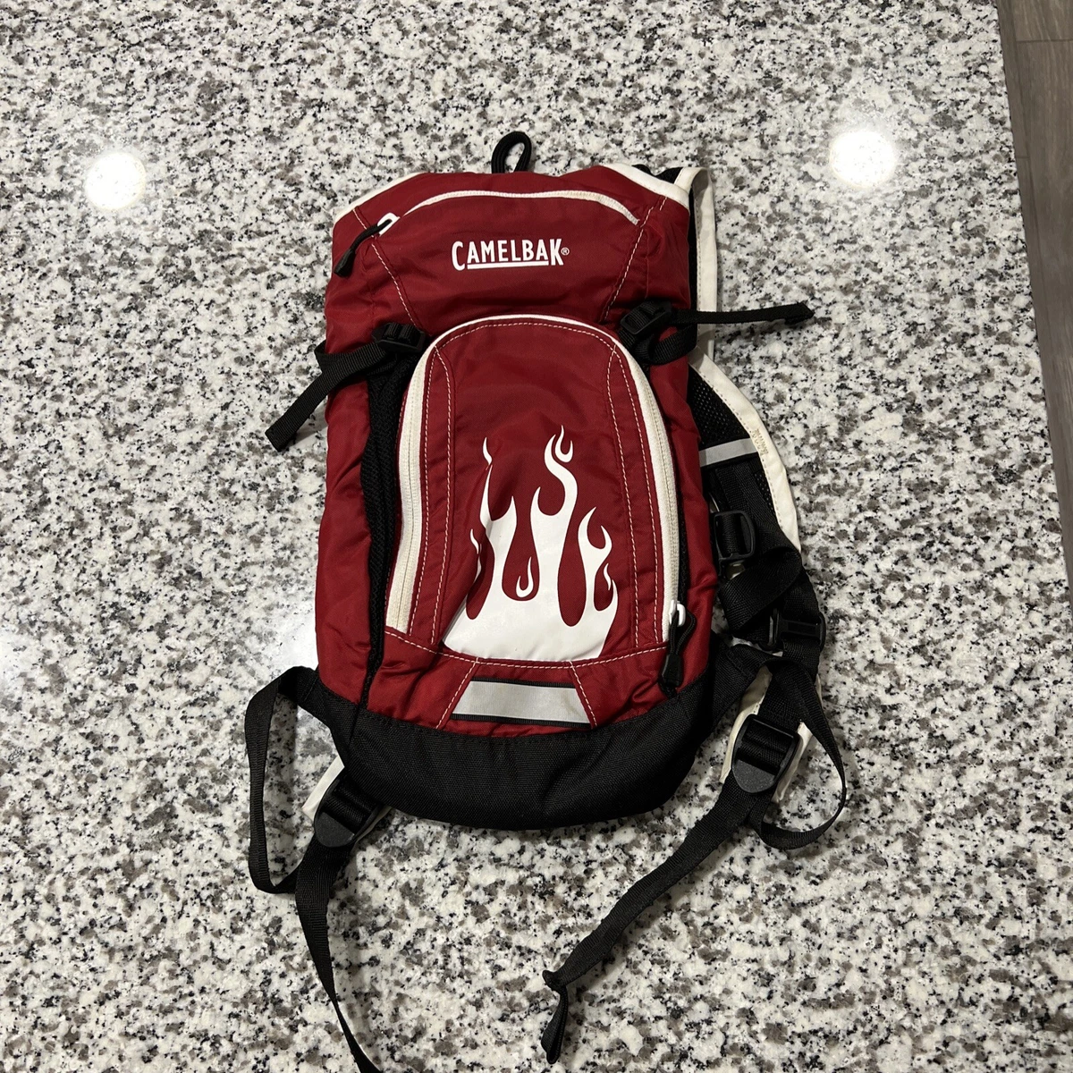 Camelback Backpack Red Mini Mule Kids Hydration Pack Black Flames No Bladder