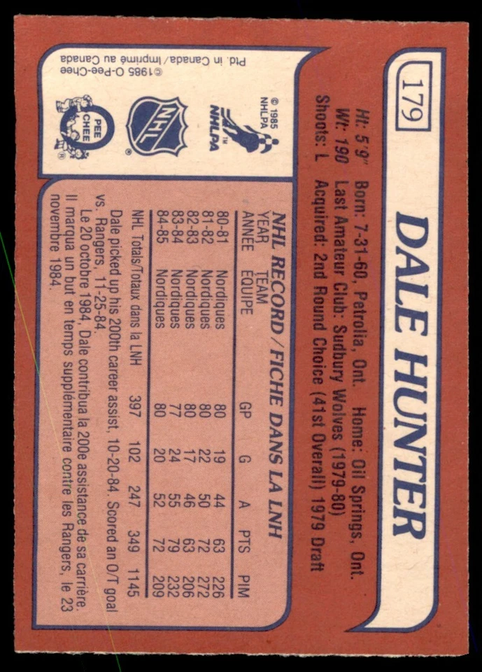 1985-86 O-Pee-Chee High Grade Dale Hunter #179 - Image 2 of 2