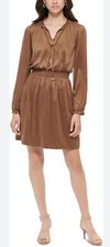 Tommy Hilfiger Brown Pleated Ruffle Velour Blouson Mini Dress 8 NWOT