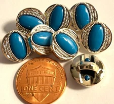 8 Silver Tone & Oval Teal Blue Center Plastic Shank Buttons 1/2" 12.5mm 13210