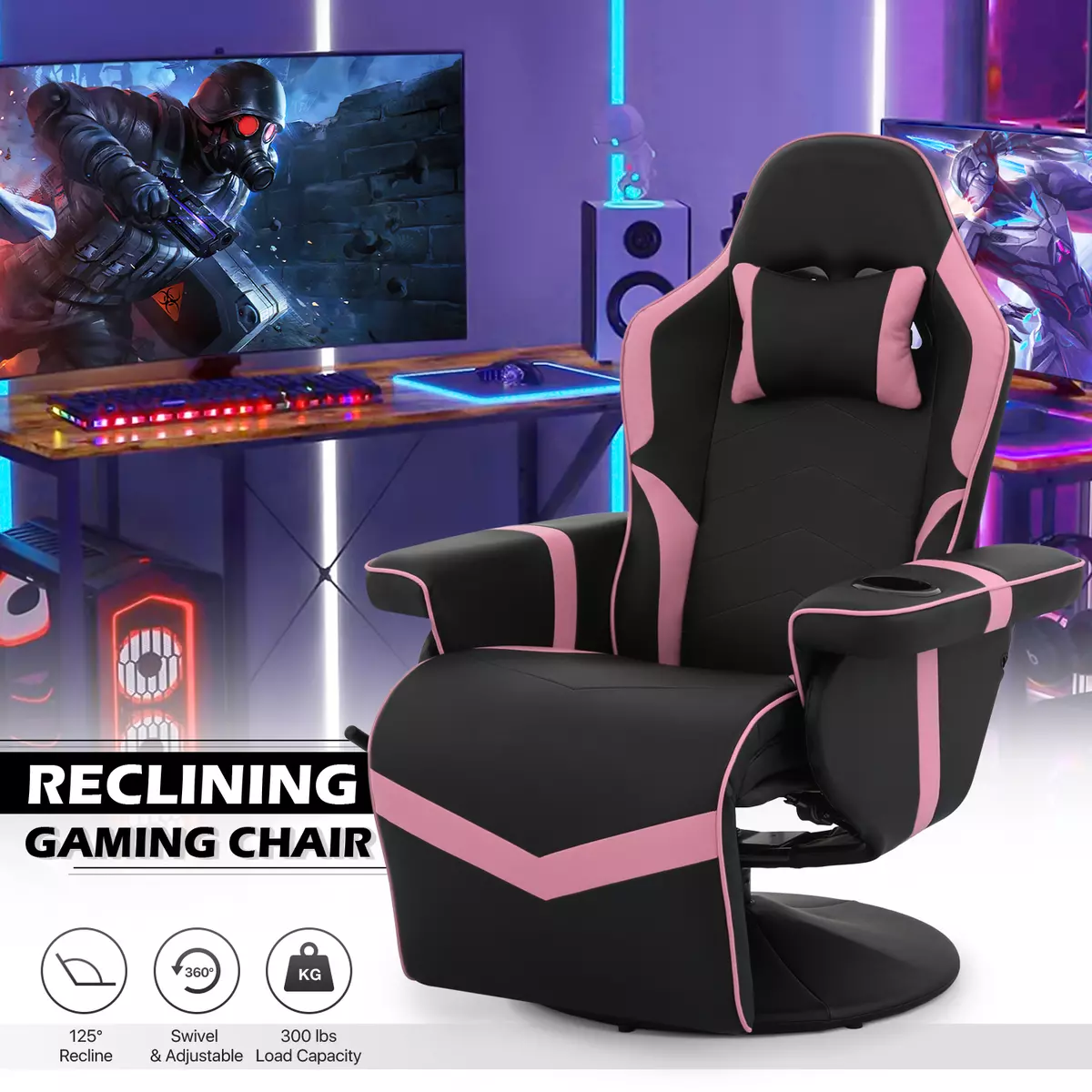 Reclinable[LUMBAR SUPPORT+HEADREST]Gaming Chair Home Computer Seat w/Cup  Holder