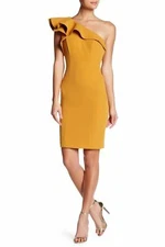 Posh Couture One Shoulder Ruffle Dress SZ M Mustard