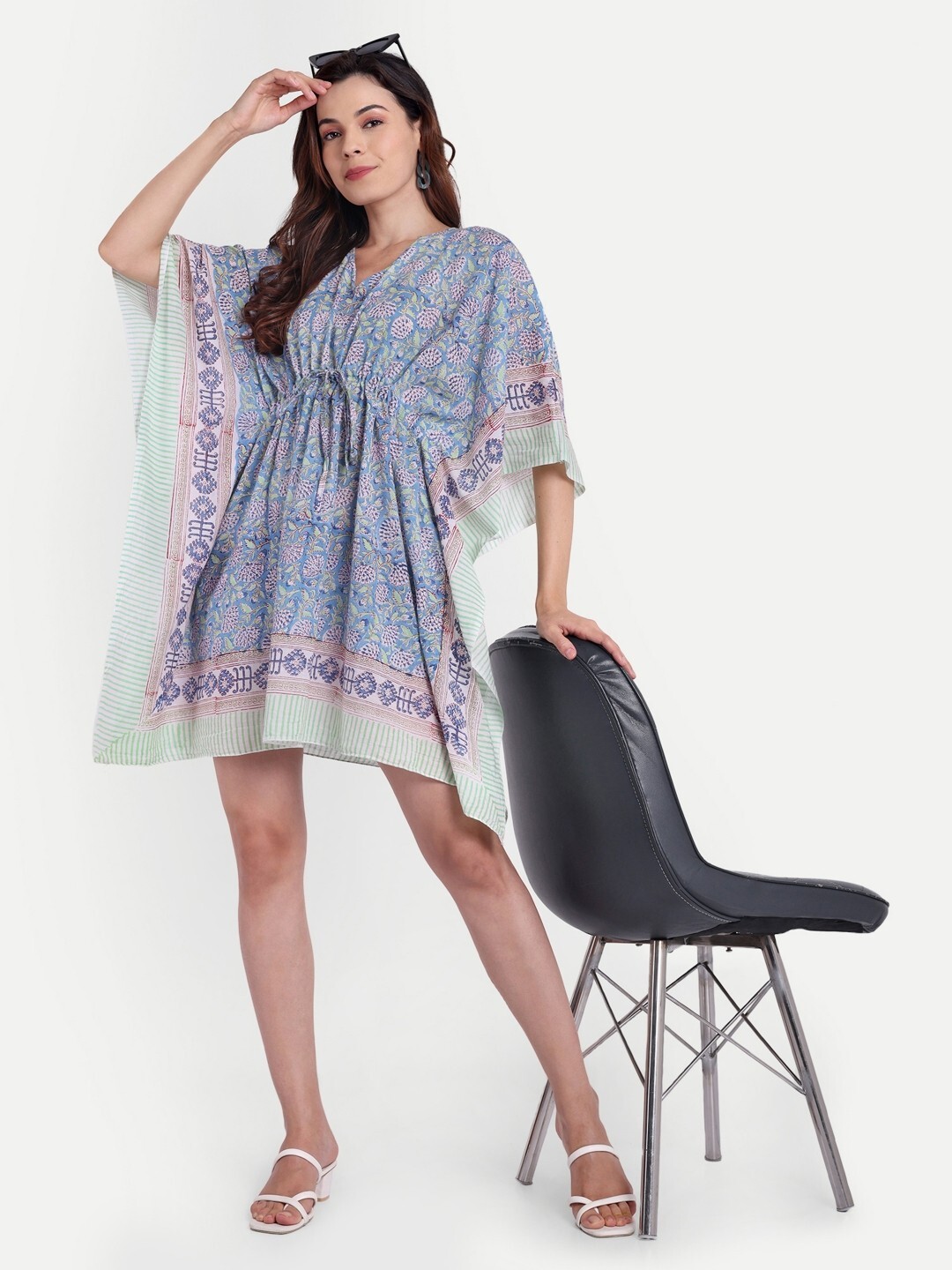 White - Hand Block Akola Print Short Kaftan with Tie-Up Waist 34