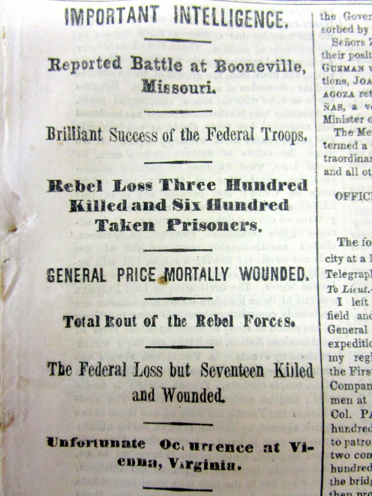 1861 NY Times Civil War headline display newspaper BATTLE of BOONEVILLE