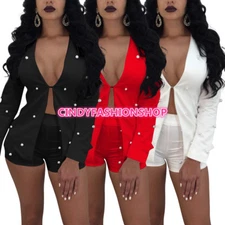 New Women Lady Body Play suit Party Two-Piece Set Pearl Blazer+Shorts #JS