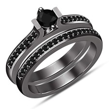 2 CT Round Lab Created Diamond Bridal Engagement Ring Set 14K Black Gold Over