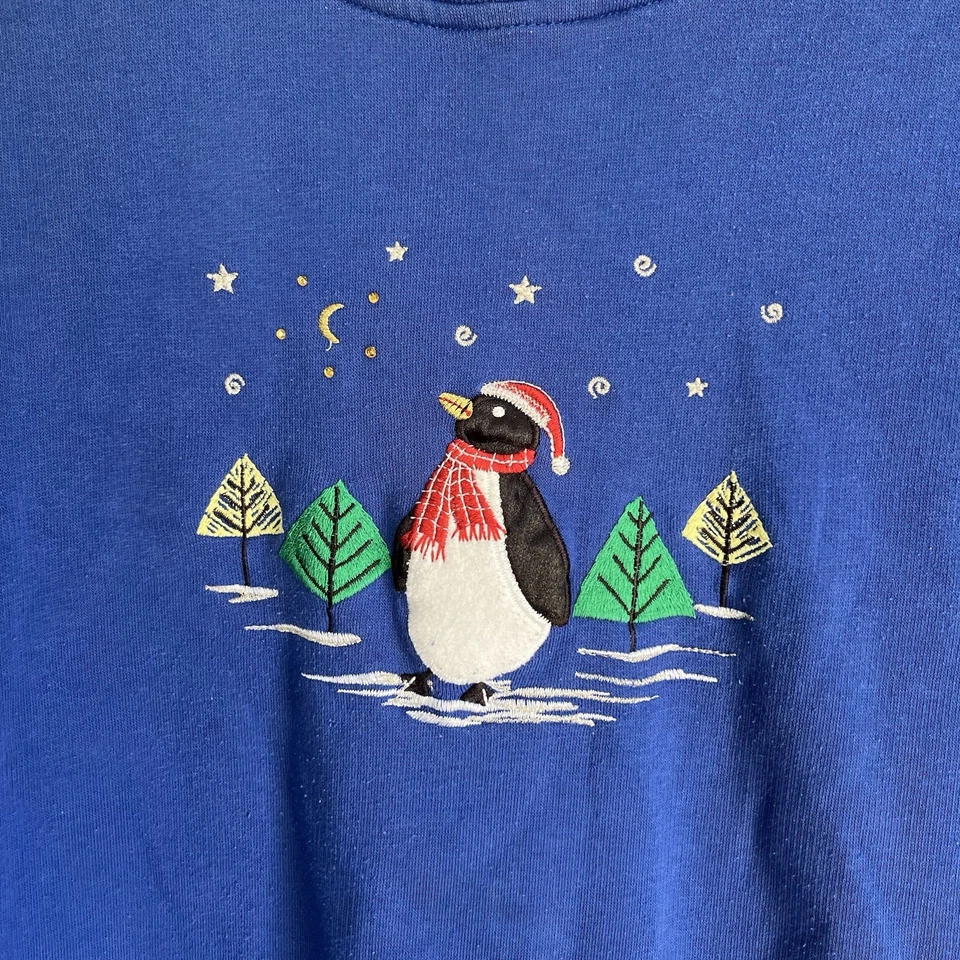 Vintage Kim Rogers Christmas Penguin Crewneck Sweatshirt Blue Medium - Image 2 of 4