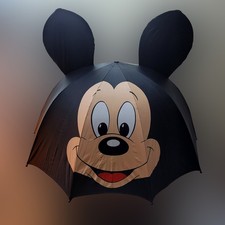 NEW Vintage Disney Store BLACK MICKEY MOUSE EARS UMBRELLA with Wood Handle