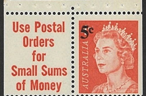 1967 Australia Ex Booklet QE2 Use Postal Orders Tab [5c on 4c] Red Stamp issue