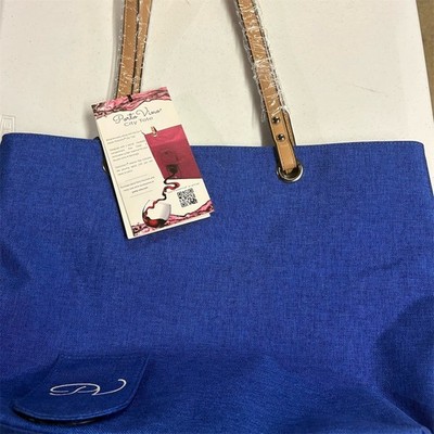 PortoVino City Tote Hidden Wine Purse Blue Tan Handles + Refill Bags Set