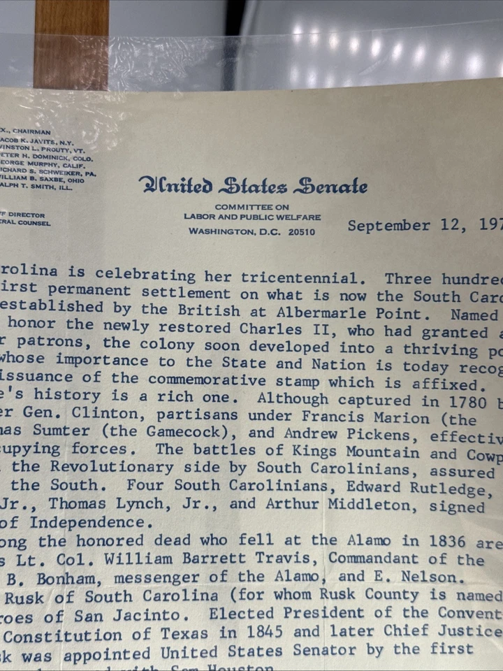 Carta Autógrafa Efímera del Senador Ralph Yarborough Tricentenario Carolina del Sur Foto 3 de 4