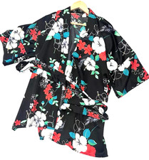 Floral Made In Hawaii Kimono Robe Black Red Green Belted One Size Fits Like M/L