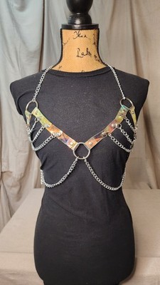 Women s Adjustable S-L Chain Harness Bustier Silver Chain O-Ring Studded