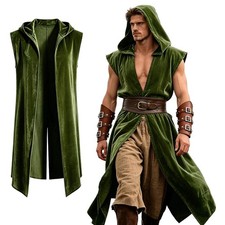 Mens Medieval Hooded Surcoat Renaissance Sleeveless Cloak for Halloween