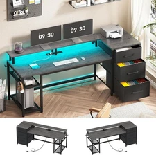 59" Computer Desk with 3 Drawers, LED Lights and Power Outlet, Home Office Desk