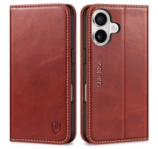 SHIELDON Case for iPhone 16  5G, Genuine Leather Wallet Case Retro Red
