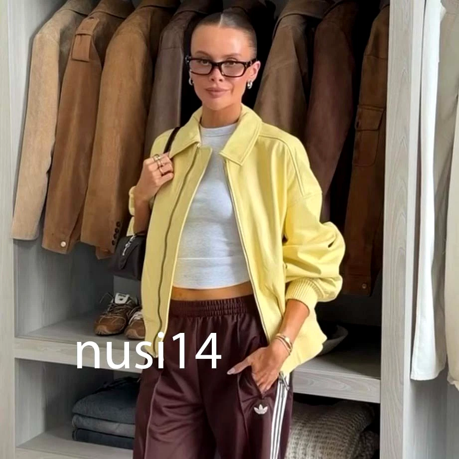 ZARA NEW WOMAN 100% LEATHER BOMBER JACKET GRAPEFRUIT YELLOW SS/26 5479/687/308
