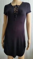 NWT FOREVER 21 Black Lace Up Short Sleeve Bodycon Mini Dress Viscose Spandex S