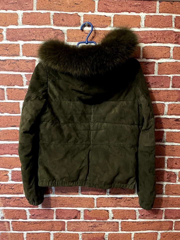 Max Mara Khaki Suede Silk Lined Lampo Down Zip Jacket Coat With Fur Hood Size 8 - Image 3 of 4