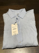ZARA camicia uomo lino blu taglia M manica lunga con bottoni nuova con etichetta leggera