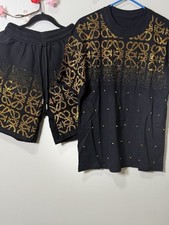 Men's Black Gold Geometric Sweatsuit Set T-Shirt Shorts Drawstring Studded Logo