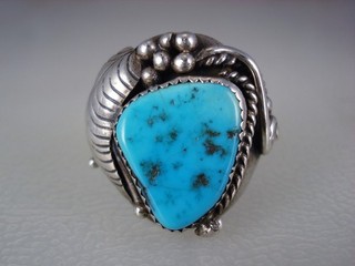 BIG OLD ORNATE NAVAJO STERLING SILVER & KINGMAN TURQUOISE MENS RING size 13