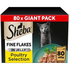 80 x 85g Sheba Fine Flakes Adult Wet Cat Food Pouches Mixed Poultry in Jelly