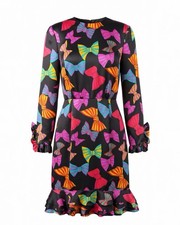 RARE Carolina Herrera Vintage Dress Black Multicolor Bow Print Ruffle Hem Size 6