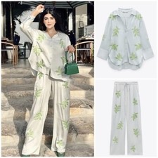 ZARA NEW WOMAN HIGH-WAIST LEAF EMBROIDERY TROUSERS PANT SKY BLUE SZ S 4786/247