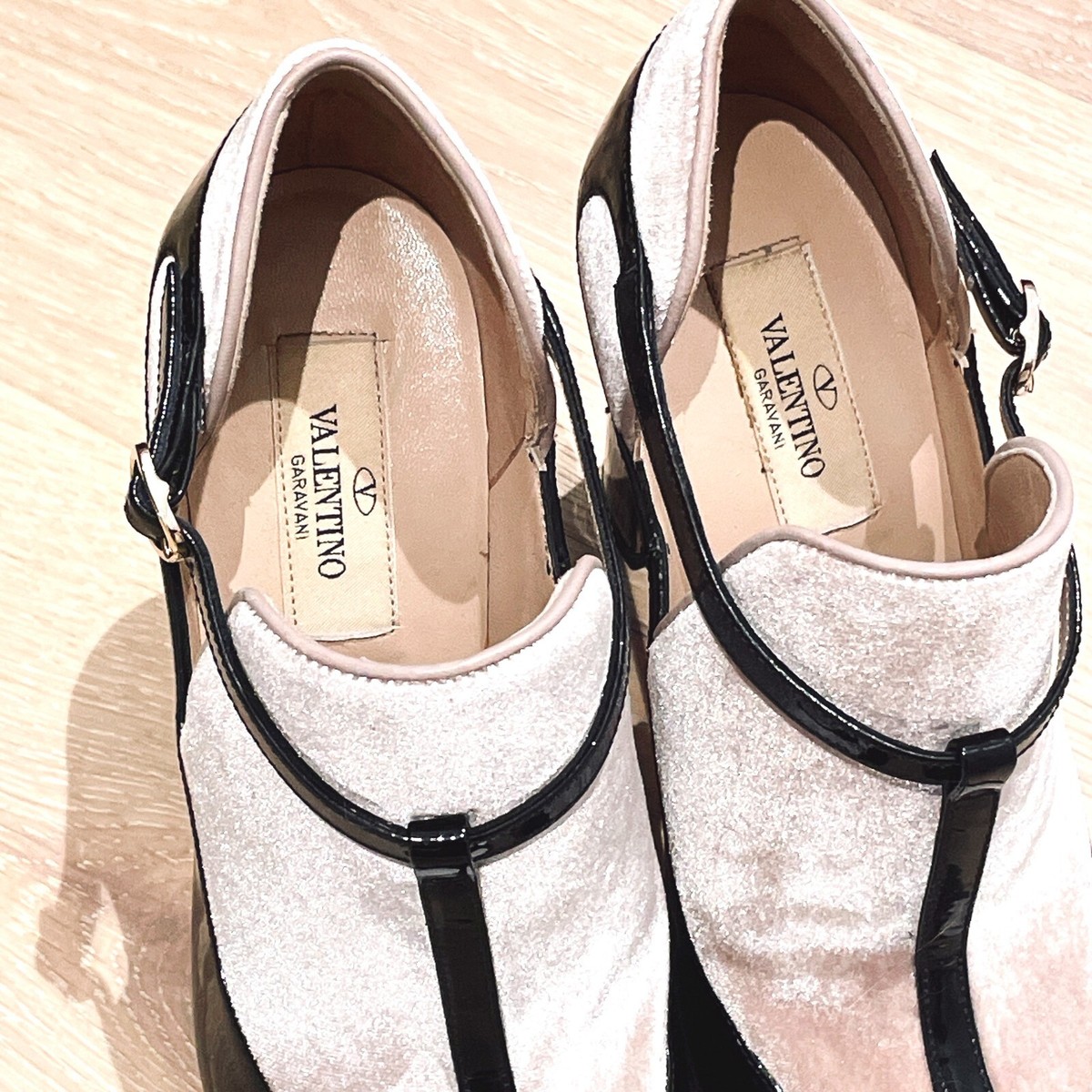 Valentino Garavani Nero/Poud Patent Leather & Velvet T Strap Pumps