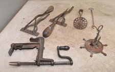 Antique apple peeler carpet stretcher fork sausage stuffer masher kitchen tools