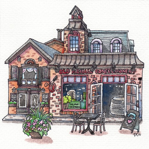 Original Ink Watercolor Gouache Building Painting Old Hall in Town by Patricia - Zdjęcie 1 z 6