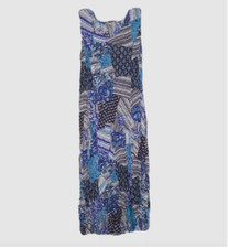 Woman Within Blue Patchwork Sleeveless Rayon Crinkle Shift Midi Dress 12 New