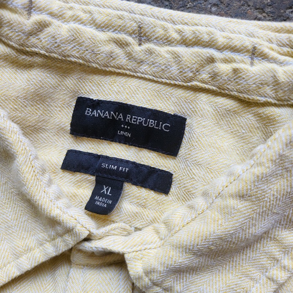 Banana Republic Linen Shirt XL Yellow Slim Fit Button Up Short Sleeve