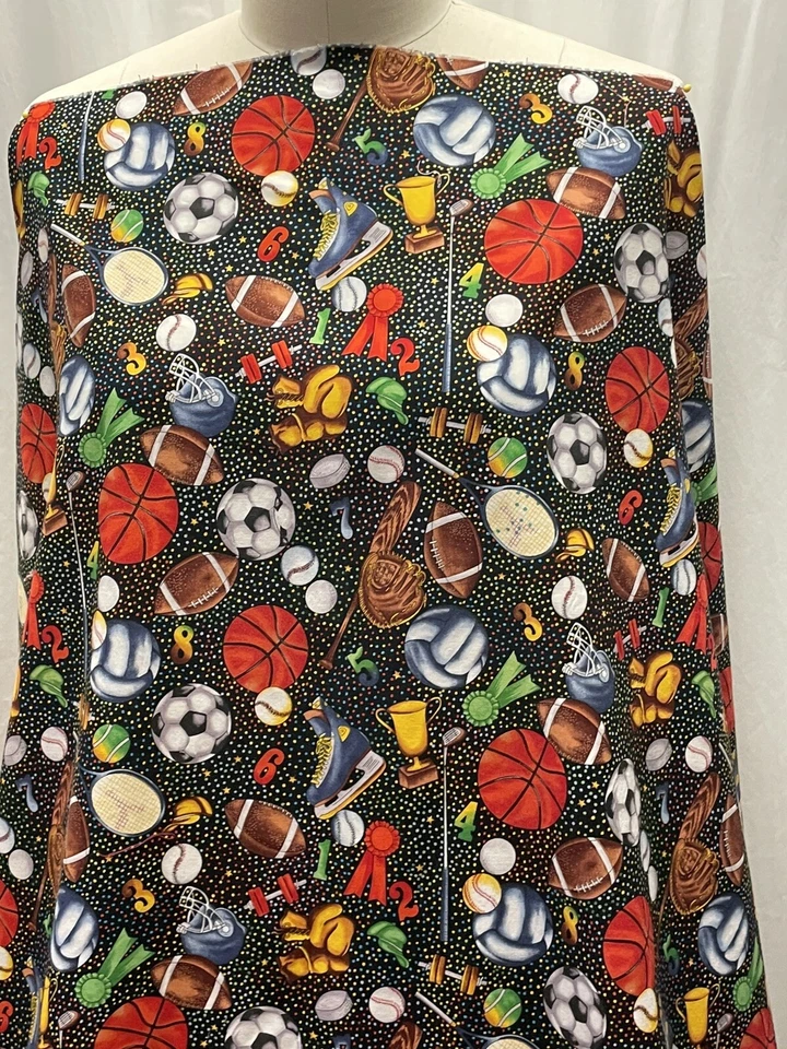 100% Cotton Sports Themed Objects & Icons on Black Fabric 2.75 Yards & 42" Wide - Image 4 of 4