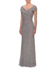 La Femme Platinum Off the Shoulder Ruched Lace Shimmer Trumpet Gown Size 16