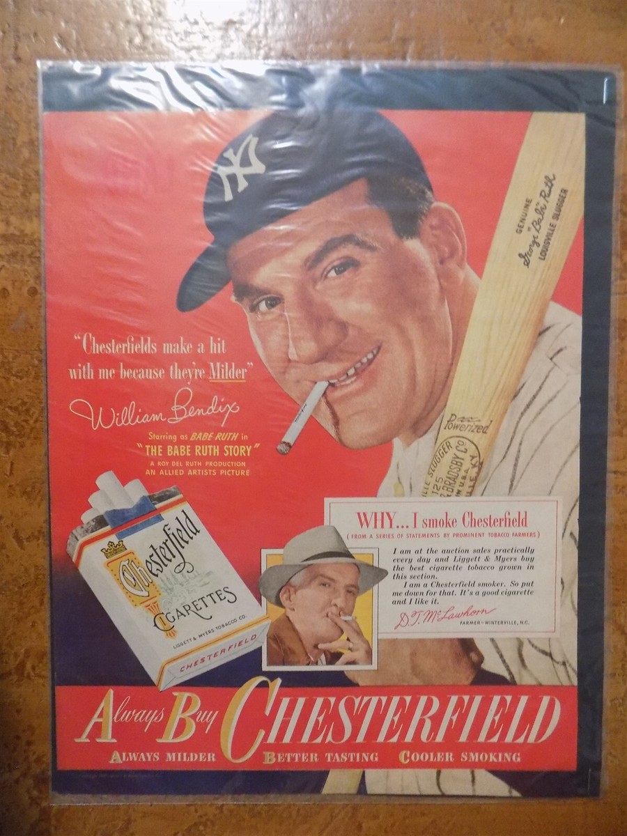 did babe ruth smoke cigarettes Vintage 1948 Chesterfield Cigarette Magazine Ad William Bendix Babe Ruth  Story