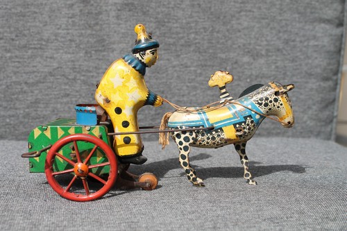 Altes mechanisches Spielzeug lithographiertes Blech Clown Wagen Pferd Schlüssel Zirkus - Bild 4 von 8
