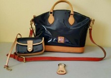 Dooney & Bourke Excellent used navy satchel, patent leather - wristlet, key fob 