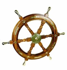 24" Old Nautical Wooden Boat Steering Wheel Brass Center Wall Six