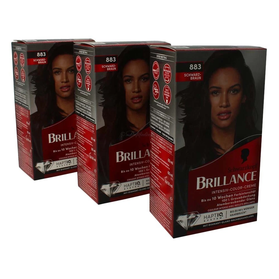3 x Schwarzkopf Brillance Haarfarbe 883 Schwarz-Braun