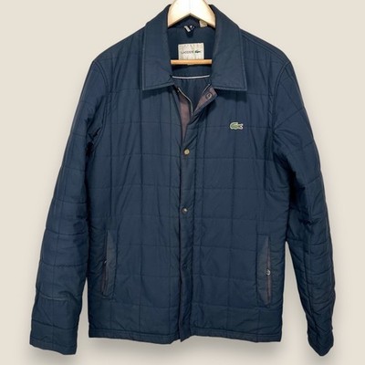 Lacoste Quilted Puffer Car Coat Men Small 48 Navy Blue Snap Collared Jacket