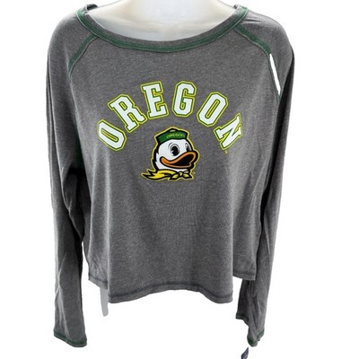 Box Seat Oregon Ducks Grey Long Sleeve Cropped Graphic Tee NCAA Womens XL NEW