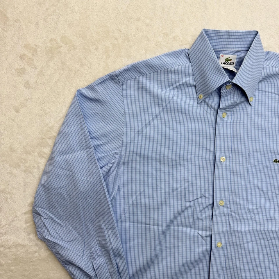 Camisa masculina Lacoste média 40 azul xadrez botão para baixo manga longa algodão casual - Imagem 4 de 4