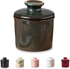 Pottery Butter Keeper Crock - Ceramic Dish Green-Brown Reactive Glaze 